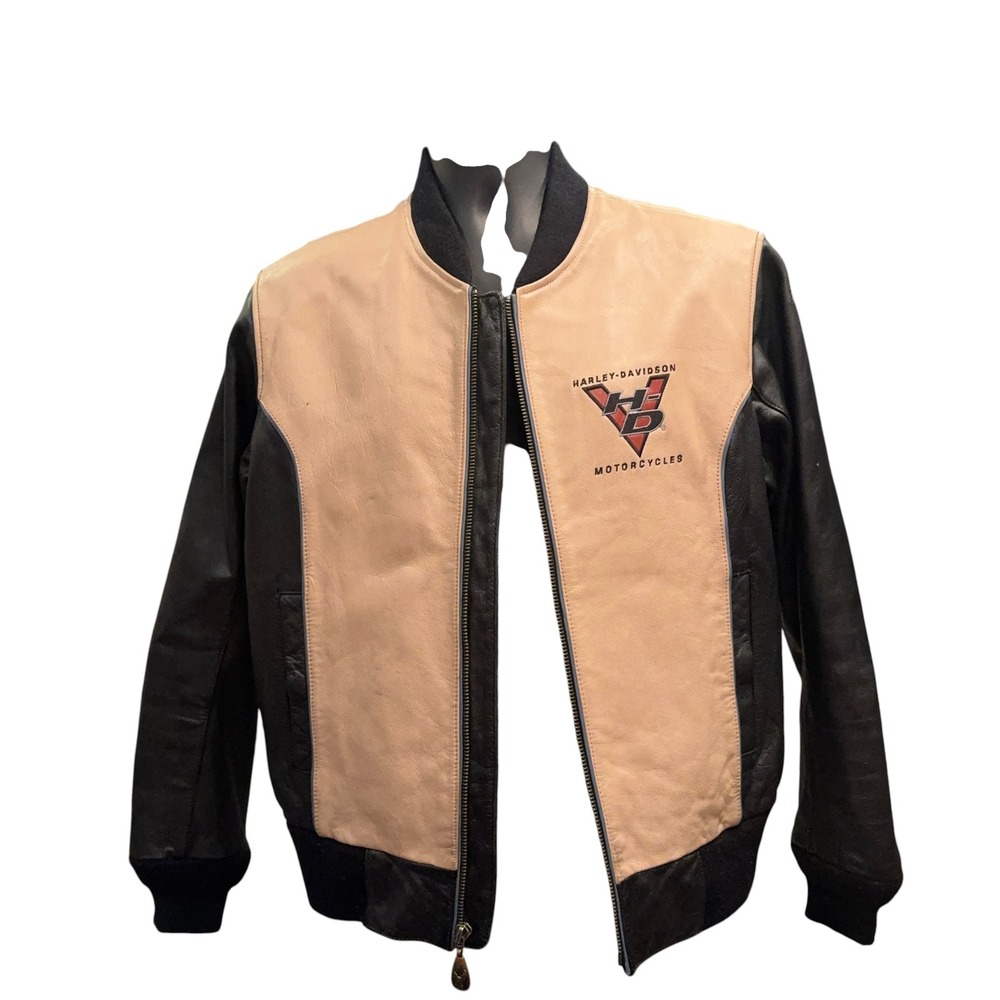 Harley-Davidson Colorblock Leather Bomber Jacket Two-tone Logo Zip Womens Medium